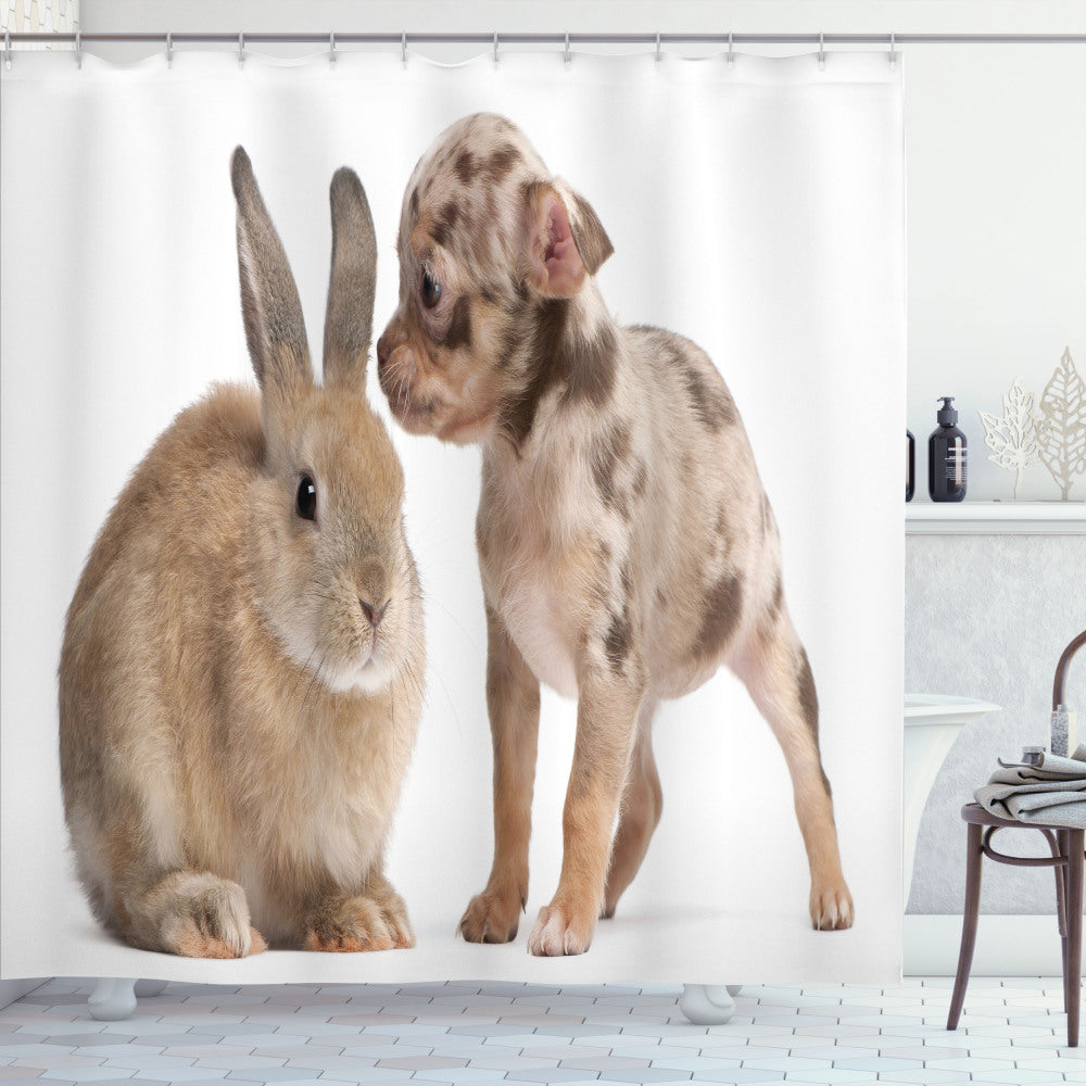 Chihuahua Puppy and Rabbit Animal Print Bath Curtain in Ecru and Taupe