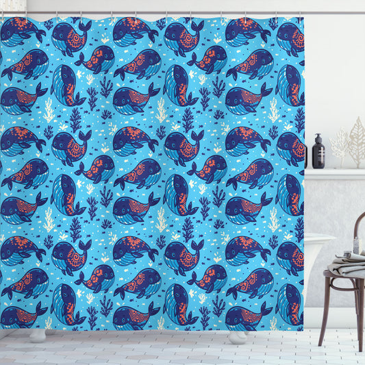 Colorful Aqua, Orange, White, and Blue Cartoon Marine Life Whales Shower Curtain