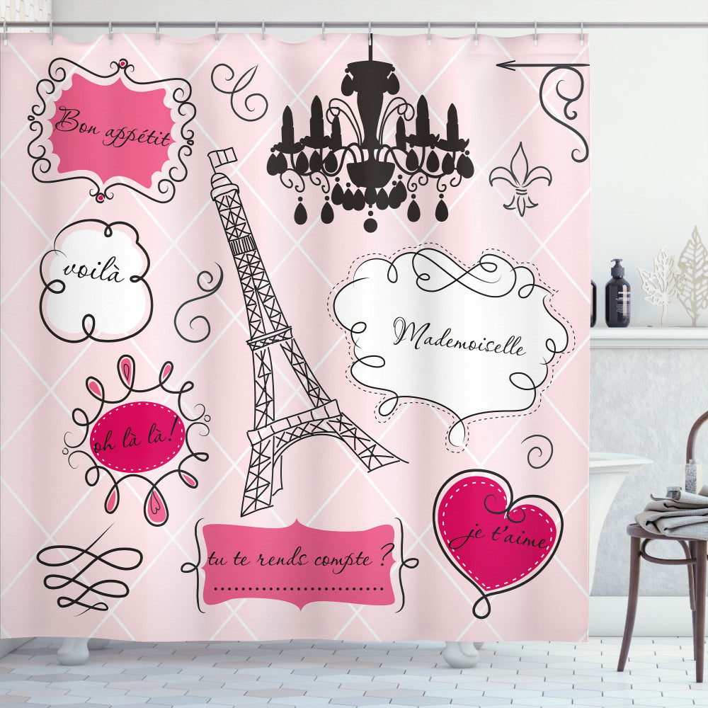 Teen Room Doodle Frames in French Style with Hot Pink and Black Accents - Shower Curtain