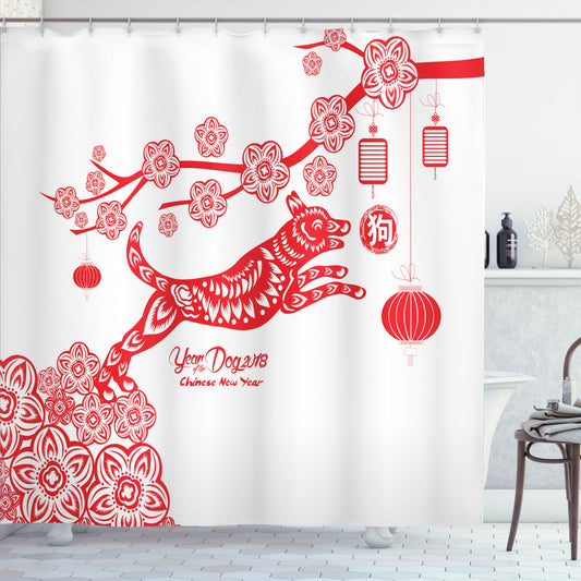 Year of the Dog: Canine-Inspired Vermilion and White Shower Curtain