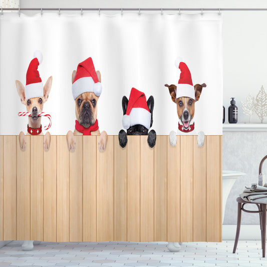 Christmas-themed Wooden Fences: A Humorous Twist with Red and Tan Shower Curtains