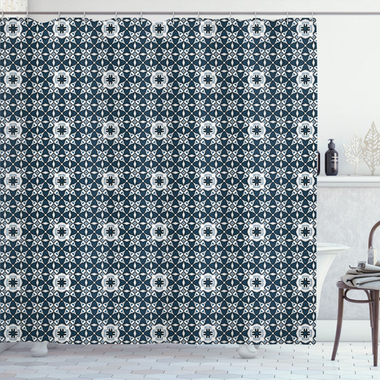 Traditional Azulejo Mosaic Tile Shower Curtain in Dark Blue and White