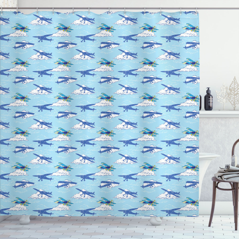 Vintage Airplane Inspired Flying Crafts Bath Curtain in Pale Blue, Dark Blue, and Yellow