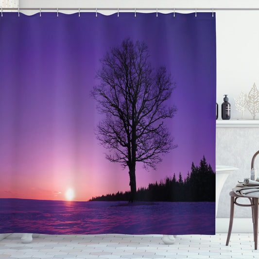 Tree Silhouettes in Purple and Black Sunset Nature Landscape - Shower Curtain