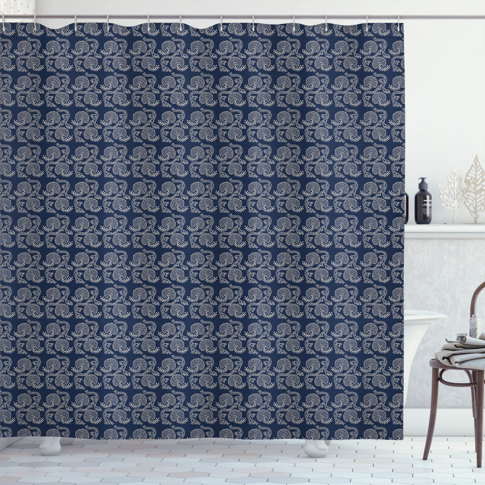 Vintage Russian Floral Dots Bath Curtain in Dark Violet Blue and Pale Tan