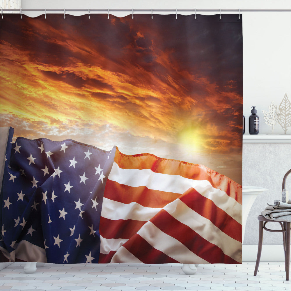 American Flag Multicolor Sunset Horizon Bath Curtain