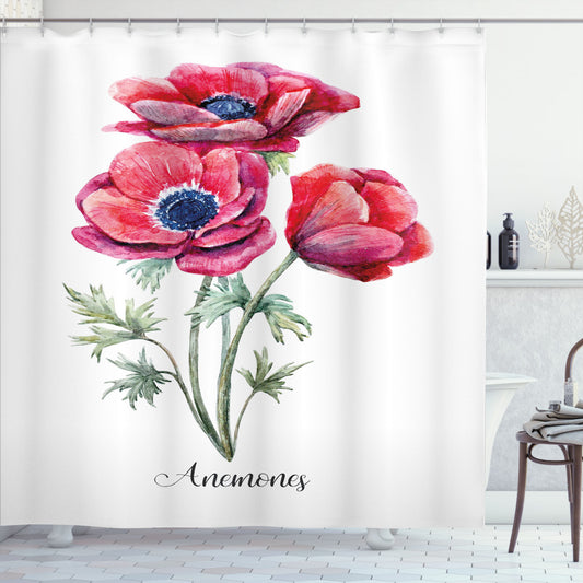 Vintage Bouquet Floral Shower Curtain with Anemone Flower Design in Sage Green, Navy Blue, and Red