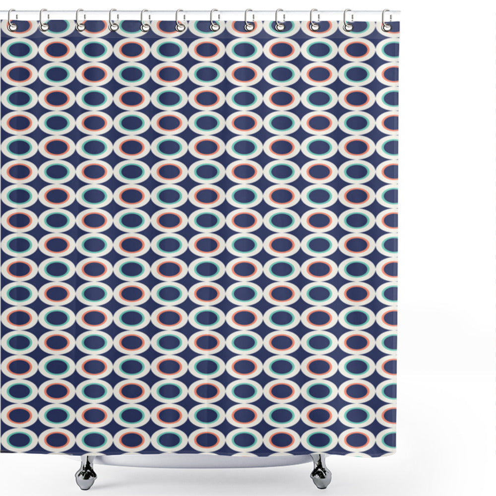 Bold Geometric Design: Modern Shower Curtain in Mint Green, Dark Blue, and Orange Circles