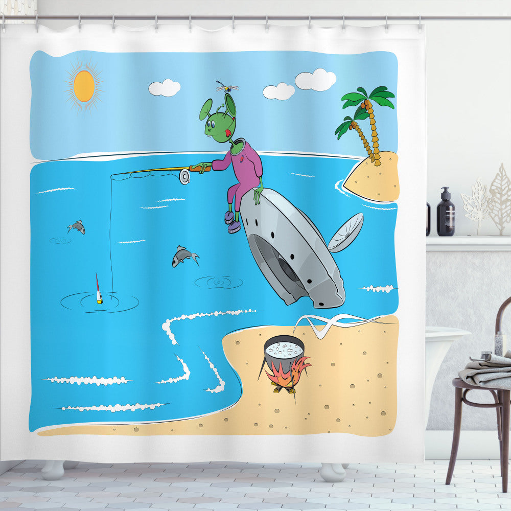 Alien Encounter: Monster Fishing in the Multicolor Sea - Sky Blue Alien Theme Shower Curtain