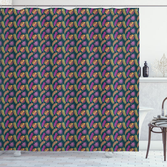 Tropical Flora Foliage Bath Curtain in Dark Teal, Orange, and Purple Palette