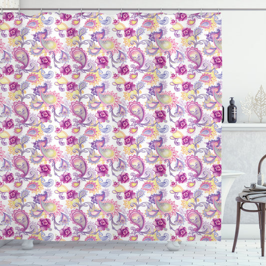 Watercolor Peonies Art Paisley Design in Magenta, Purple, and Yellow on Shower Curtain