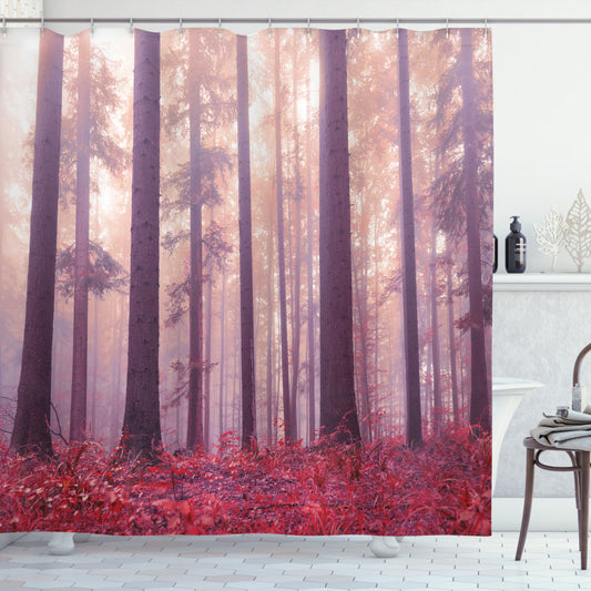 Woodland Sunrise: Trees in Foggy Sunlight Bath Curtain in Dark Coral and Lilac