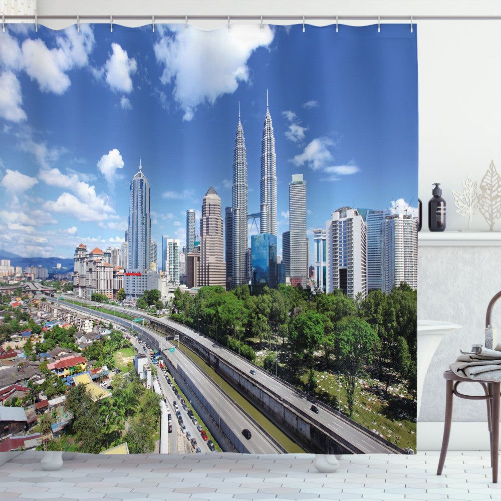 City of Kuala Lumpur Bath Curtain in Pale Grey, Green, and Blue on a Clear Day