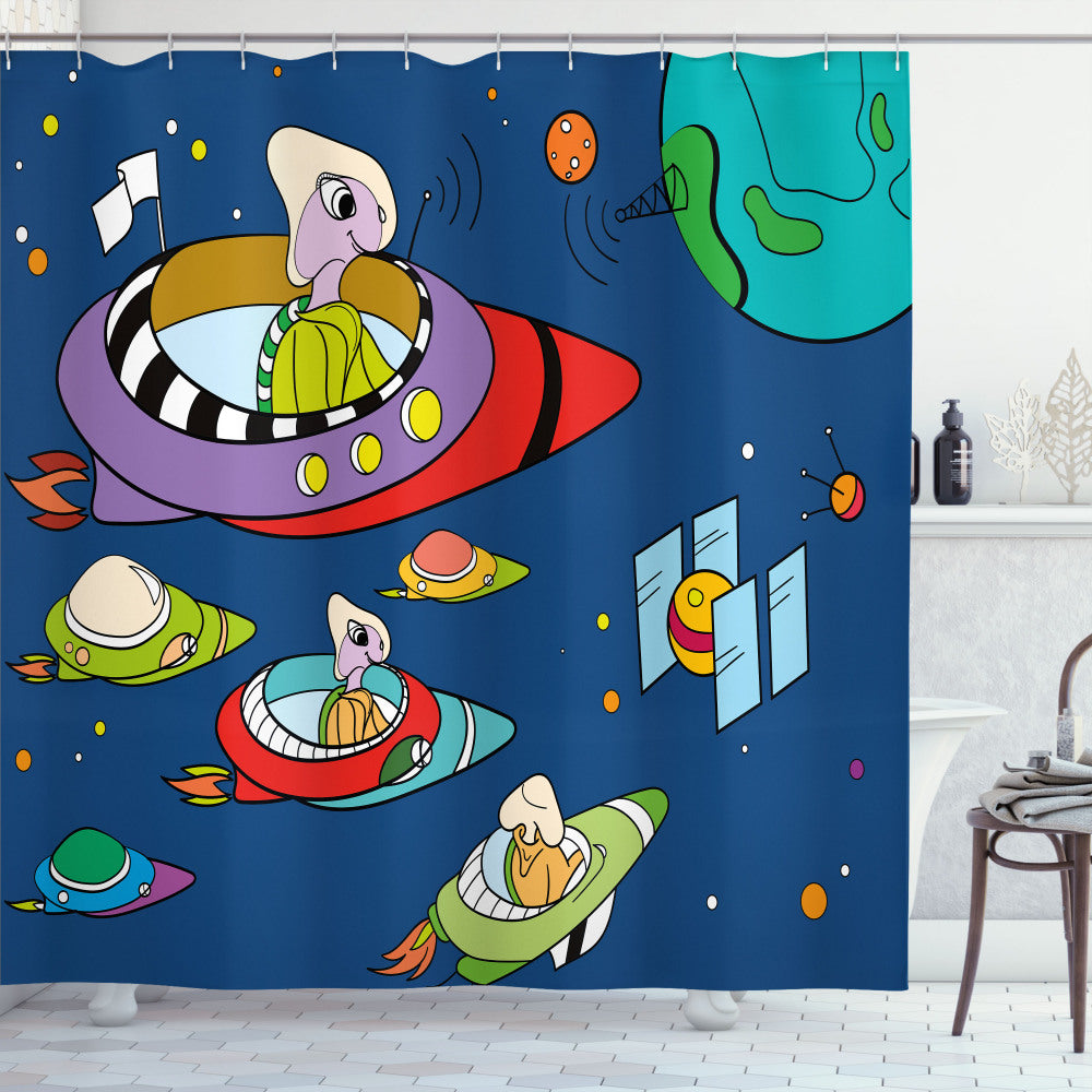 Alien Inspiration: Whimsical Space-themed Shower Curtain in Night Blue and Multicolor