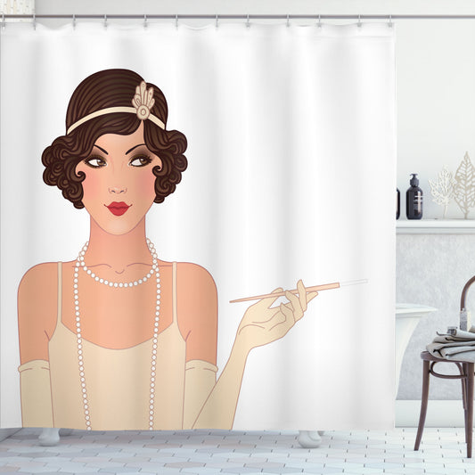 Charming Pin-Up Girl Shower Curtain in Pale Peach, Chocolate, and Salmon