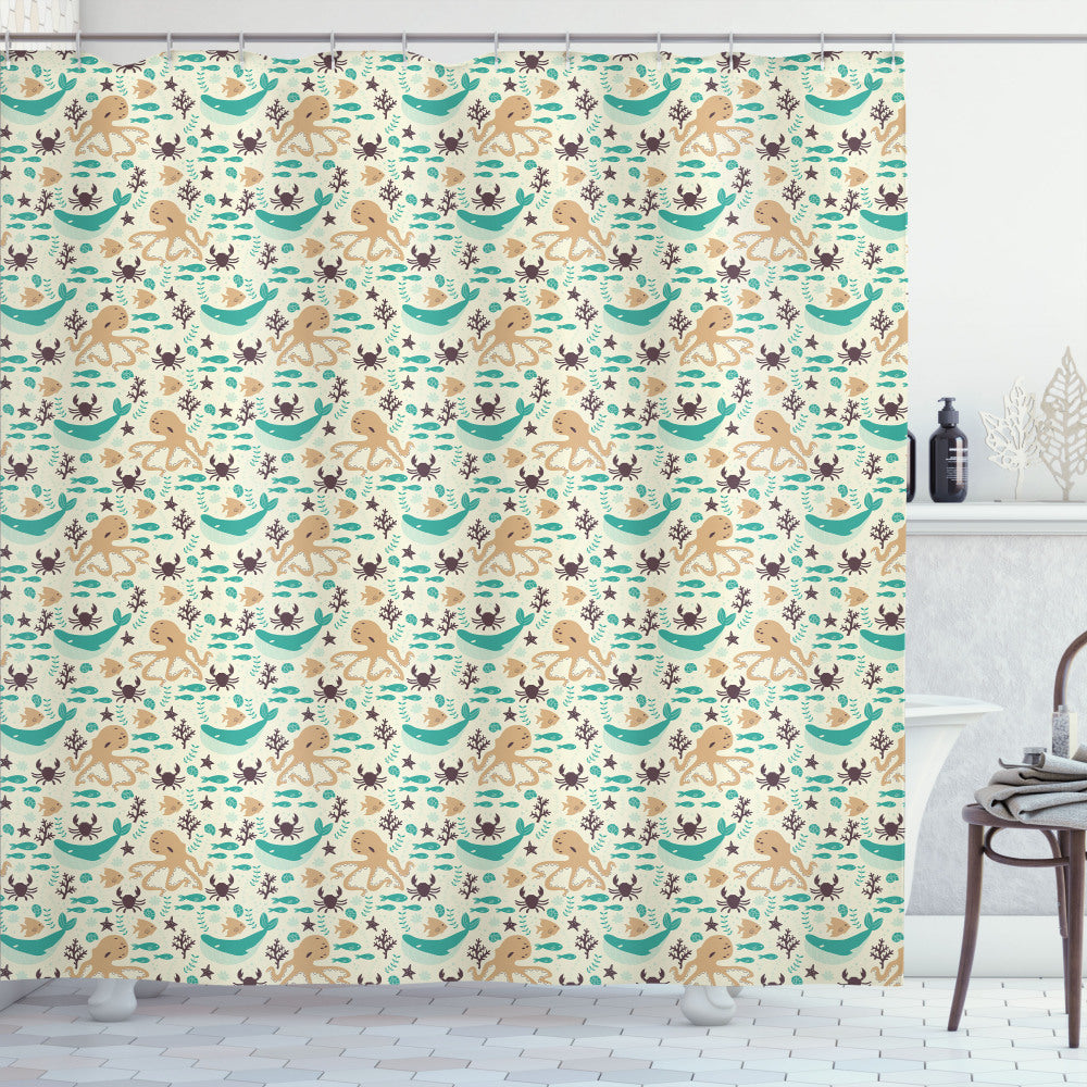 Turquoise Octopus on Dark Brown Sand - Cartoon Sea Creatures Shower Curtain