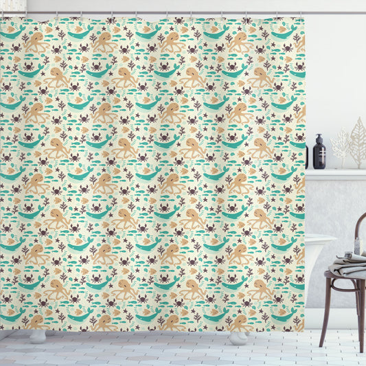 Turquoise Octopus on Dark Brown Sand - Cartoon Sea Creatures Shower Curtain