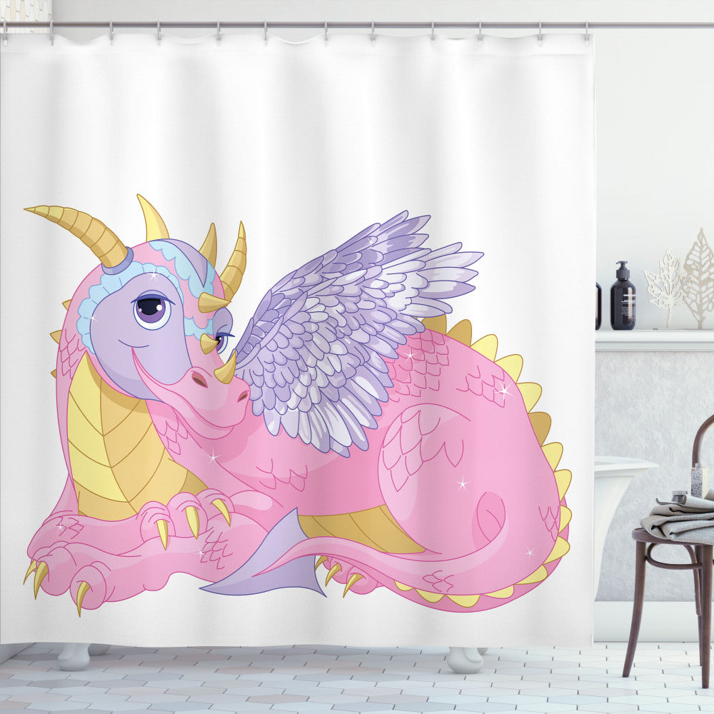 Cartoon Lady Dragon Posing: Pale Pink, Lavender, and Yellow Shower Curtain