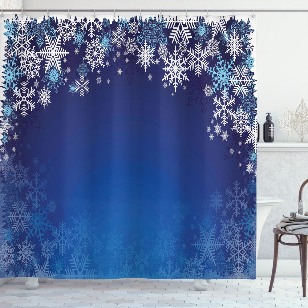 Christmas Snowflakes Bath Curtain in Pale Blue, Navy Blue, and White