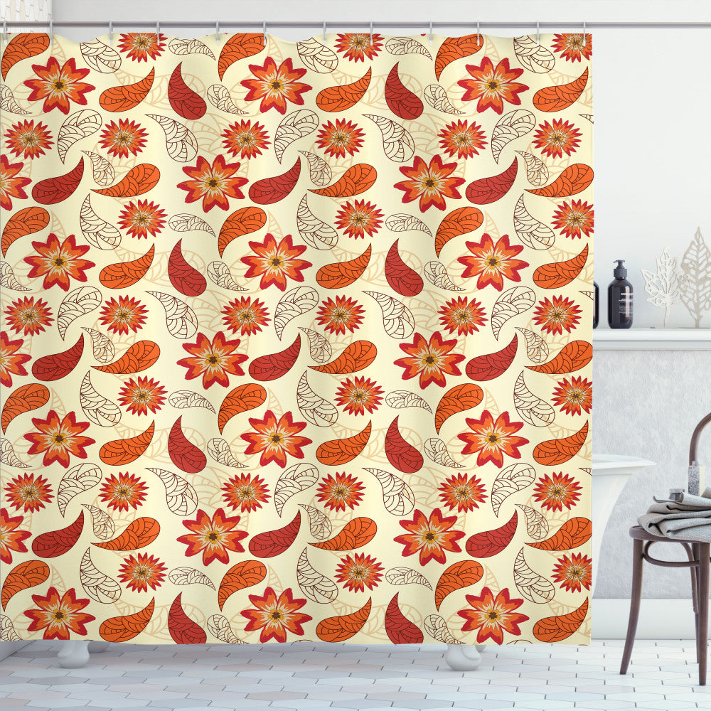 Vibrant Retro Poppy Flower Shower Curtain in Shades of Orange, Peach, and Red