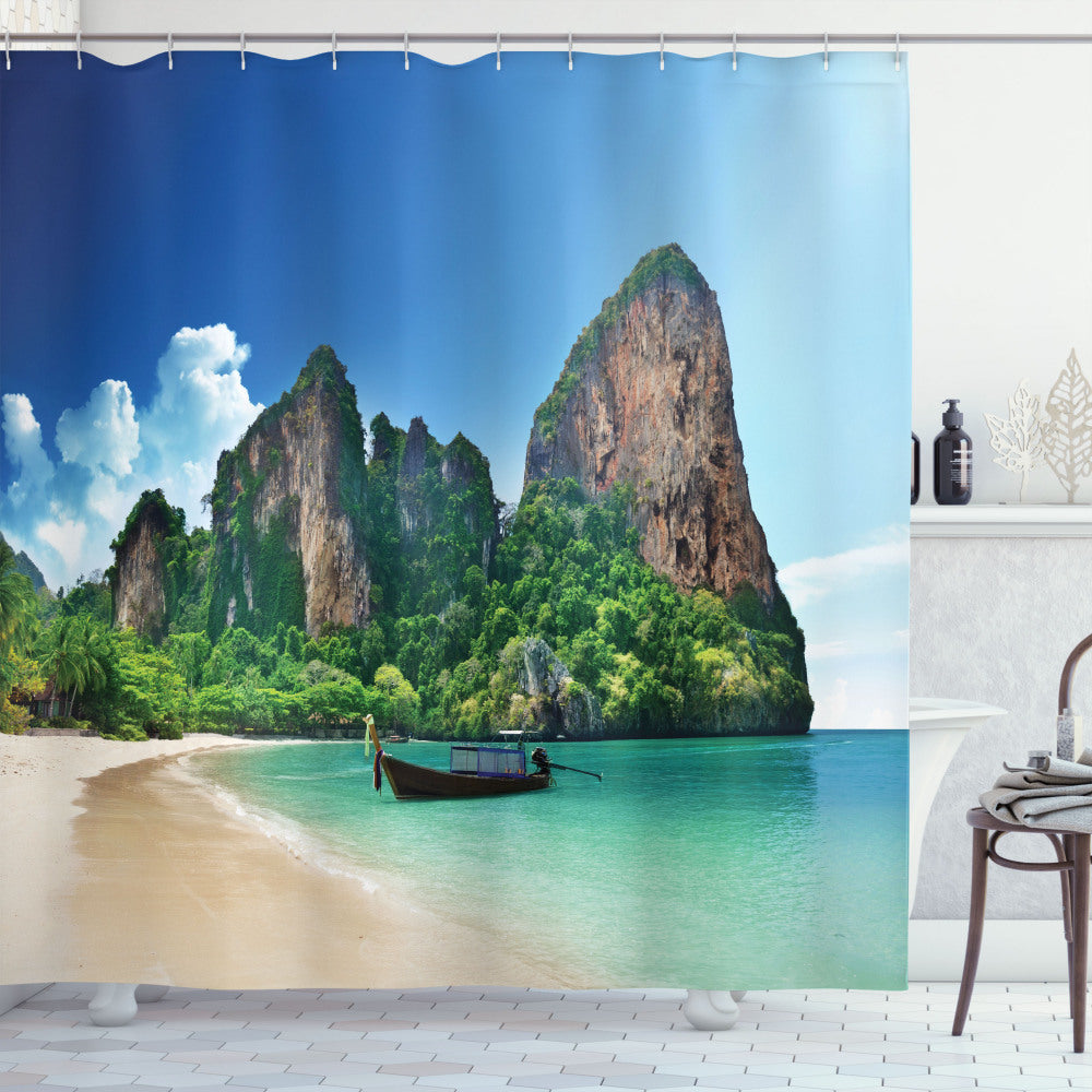 Tropical Paradise: Thailand's Rock Cliff Beach Shower Curtains in Green and Blue