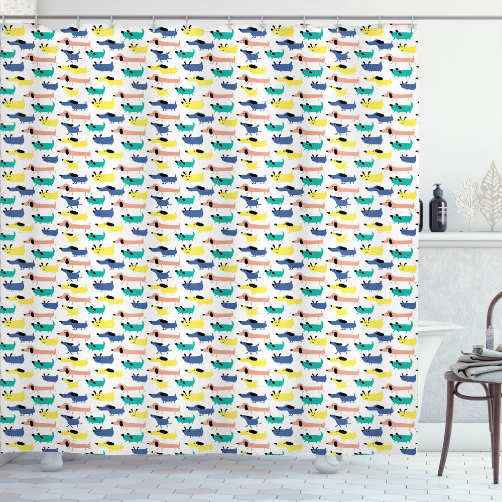 Vibrant Cartoon Dog Silhouettes Adorn this Shower Curtain