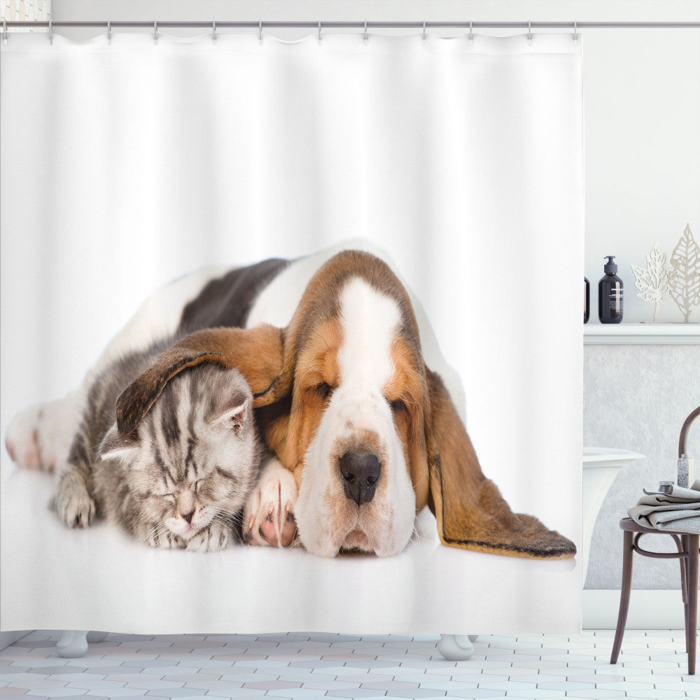 Basset Hound Puppy and Kitten Sleeping Bath Curtain in Dark Taupe, Pearl, and Pale Caramel