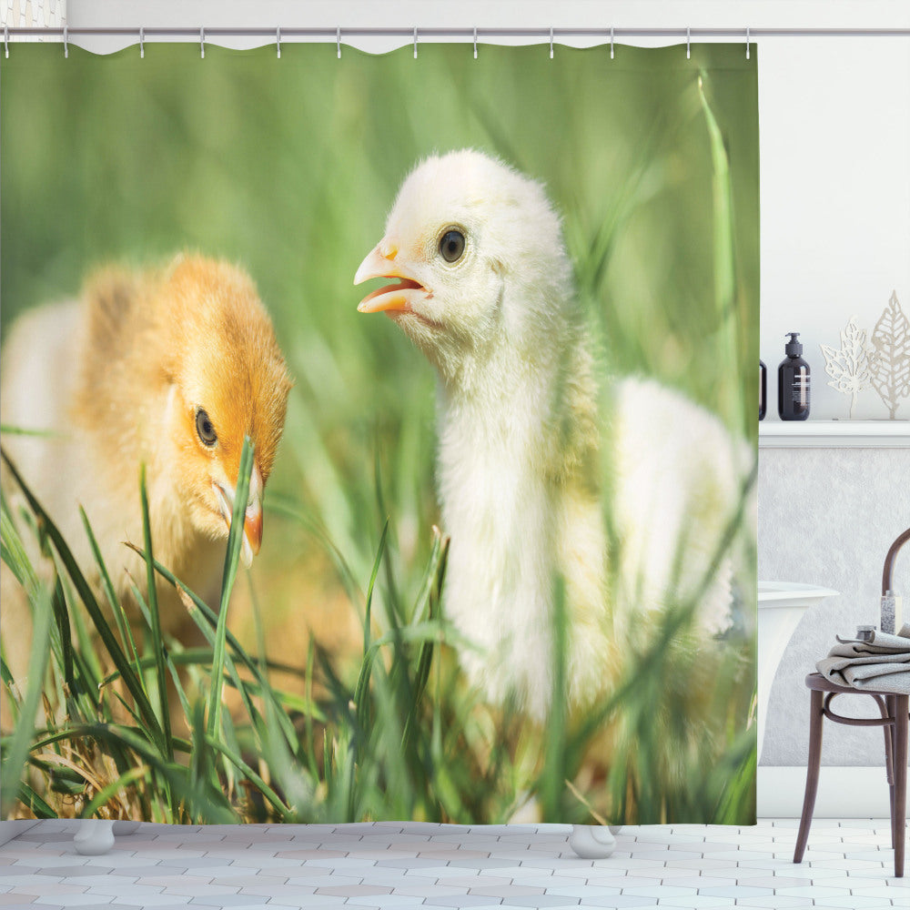 Close Up Photo of Adorable Baby Chicks Hatching from Eggshells in Sand Brown and Fern Green - Shower Curtain