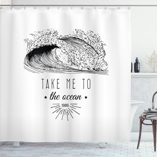 1986 Ocean Surf Waves Beach Saying Black and White Shower Curtain