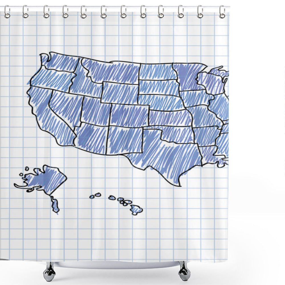 Blue Violet and Black Doodle Style Map of the US - Perfect for Your Bathroom with a Shower Curtain