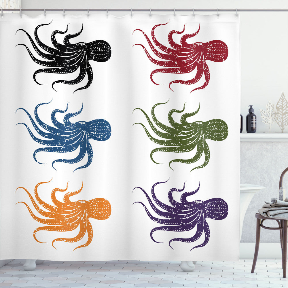 Burgundy, Black, and Green Octopus Grunge Underwater Life Shower Curtain