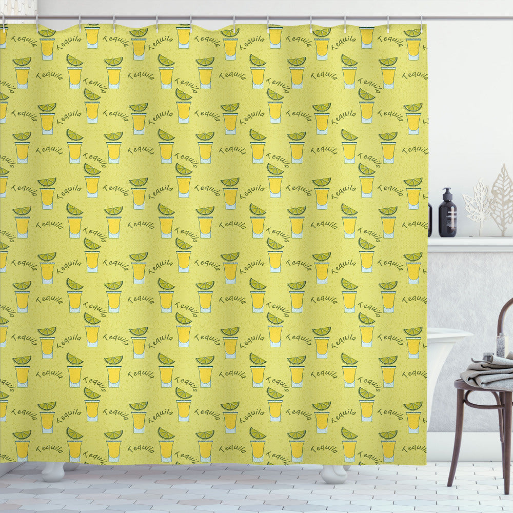 Tequila Shot Glasses and Lime Slice Bath Curtain in Mustard, Pale Green, Olive Green, and Baby Blue Color Palette