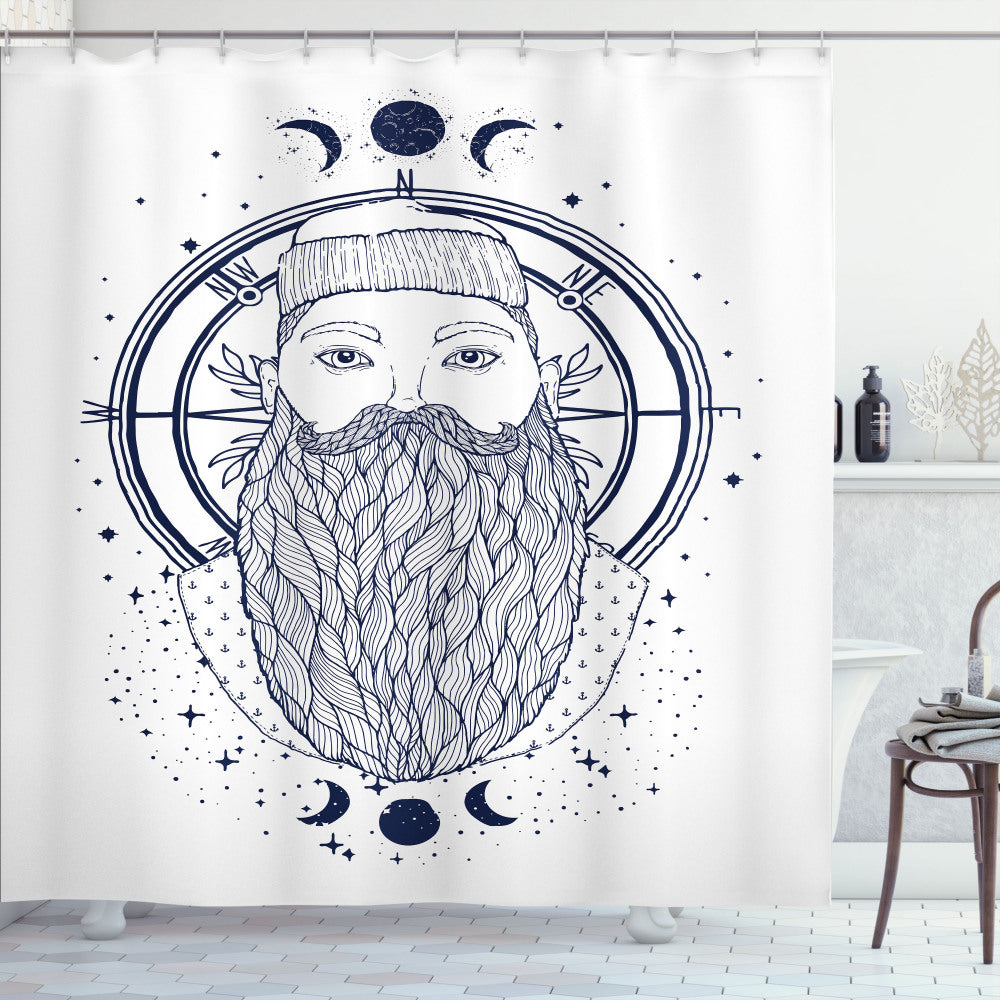 Vintage Nautical Tattoo Alchemist Seaman Bath Curtain in Indigo and White