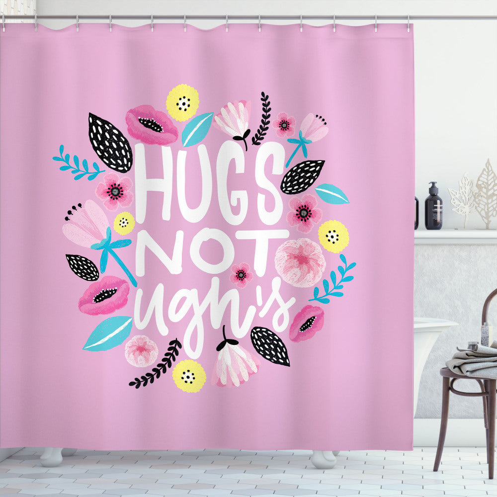 Baby Pink Multicolor Floral Hug Lettering Shower Curtain