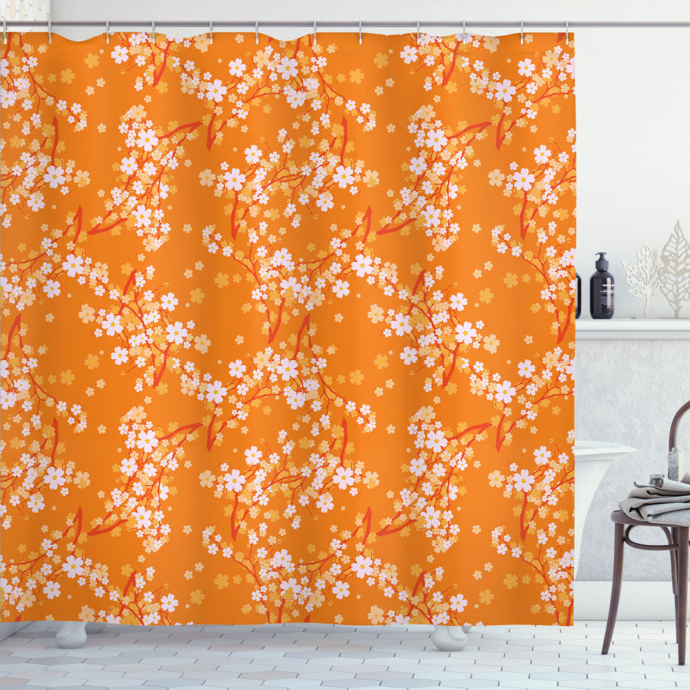 Vibrant Floral Orange and Lilac Spring Tree Shower Curtain