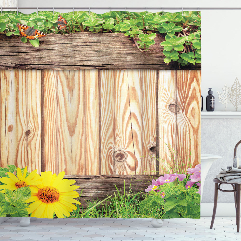 Wooden Garden Fence Butterfly Shower Curtain - Yellow, Brown, and Green Palette