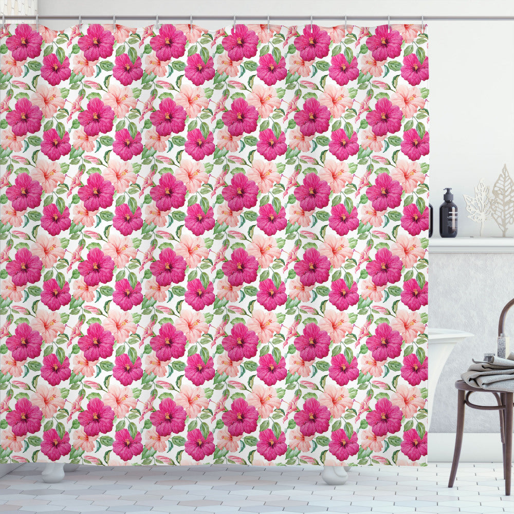 Tropical Shower Curtain featuring Pastel Hibiscus Petals in Fern Green, Magenta, and Peach Palette