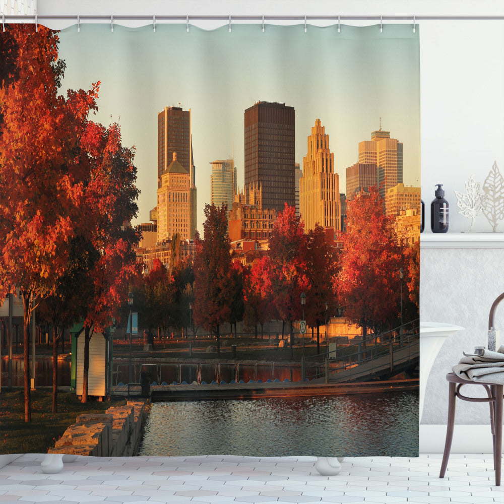 Cityscape Colors of Montreal's Old Port Morning: Orange, Brown, and Red Shower Curtain