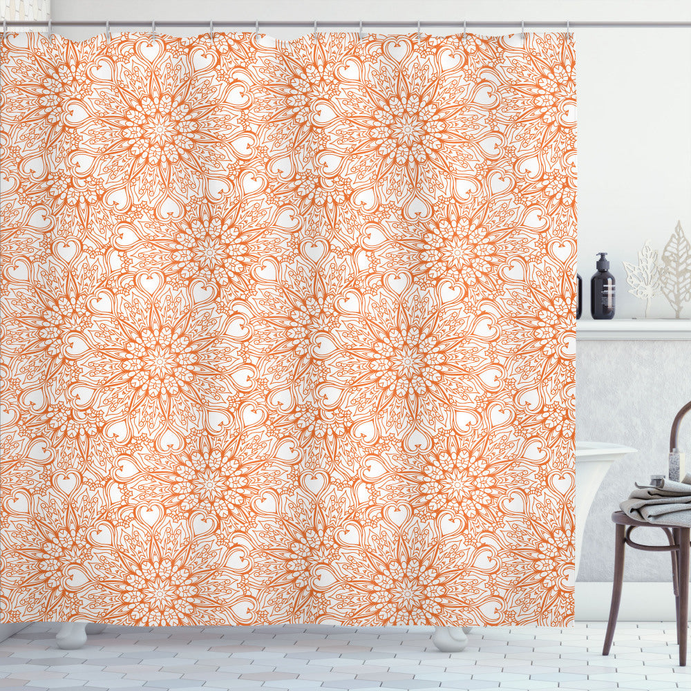 Abstract Monotone Streaks Hearts Shower Curtain in Burnt Orange and White.