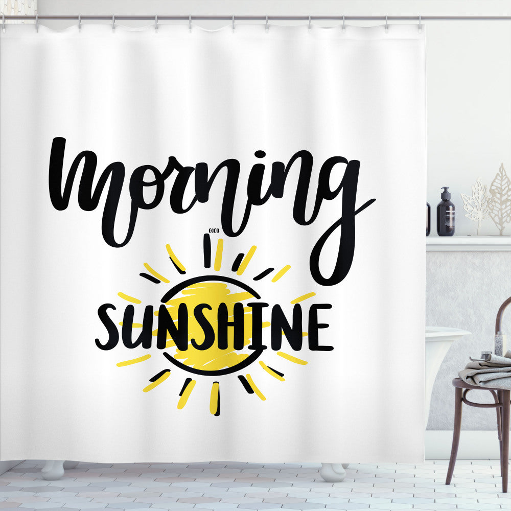 Yellow and Black Doodle Morning Sunshine Text on White Shower Curtain