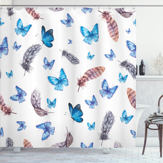 White, Grey, and Blue Butterfly Feathers Shower Curtain - Enhancing Your Bathroom Decor