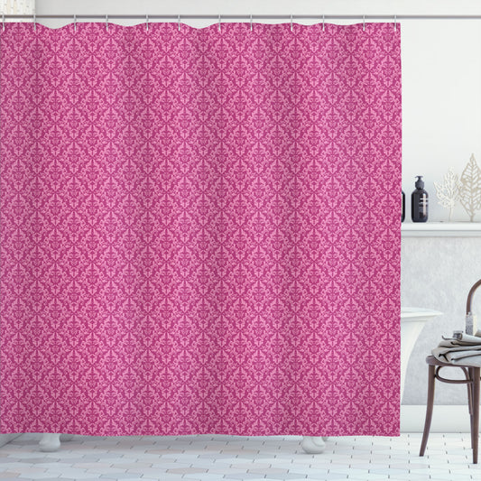 Victorian Monochrome Bath Curtain in Pink Damask, Baby Pink, and Dark Magenta