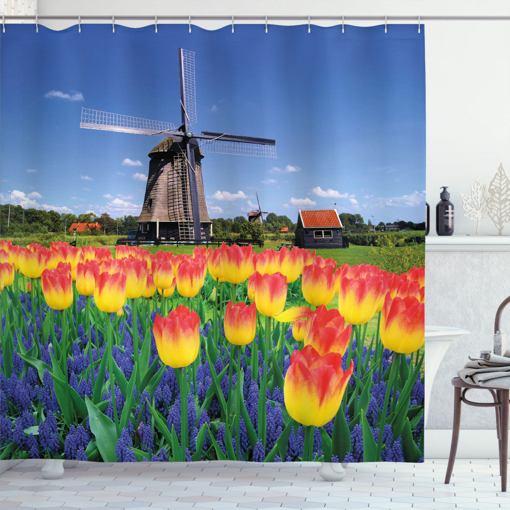 Yellow and Blue Landscape Tulip Windmill Shower Curtain