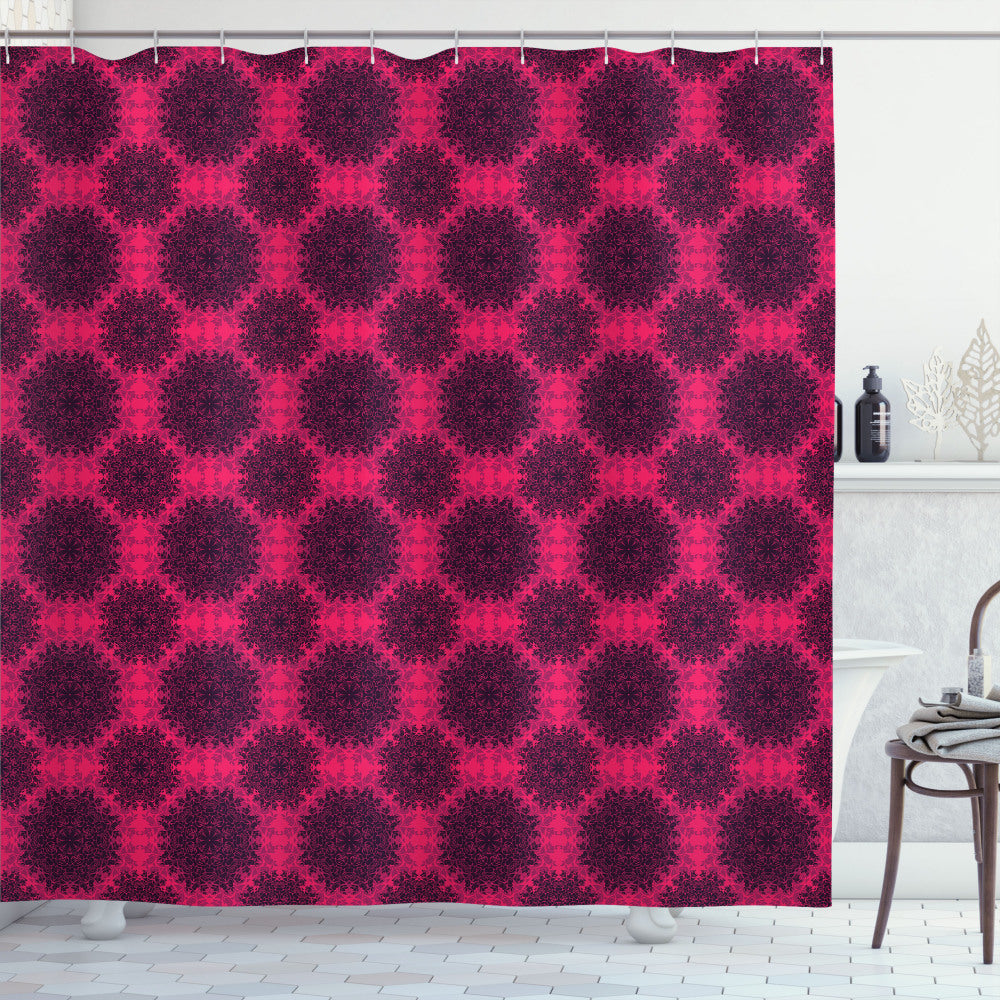 Baroque Roses Mandala Floral Shower Curtain in Dark Purple and Hot Pink Tones