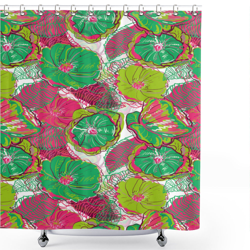 Tropical Bloom Caribbean Floral Shower Curtain in Lime Green, Hot Pink, and Jade