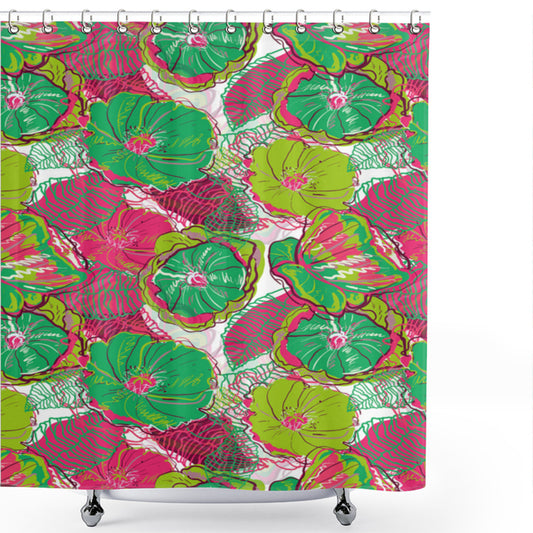 Tropical Bloom Caribbean Floral Shower Curtain in Lime Green, Hot Pink, and Jade