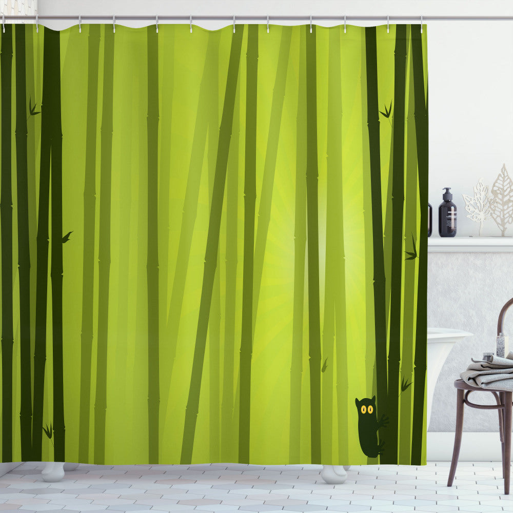 Botanical Wild Animal Bath Curtain in Asian-Inspired Apple Green and Black Design