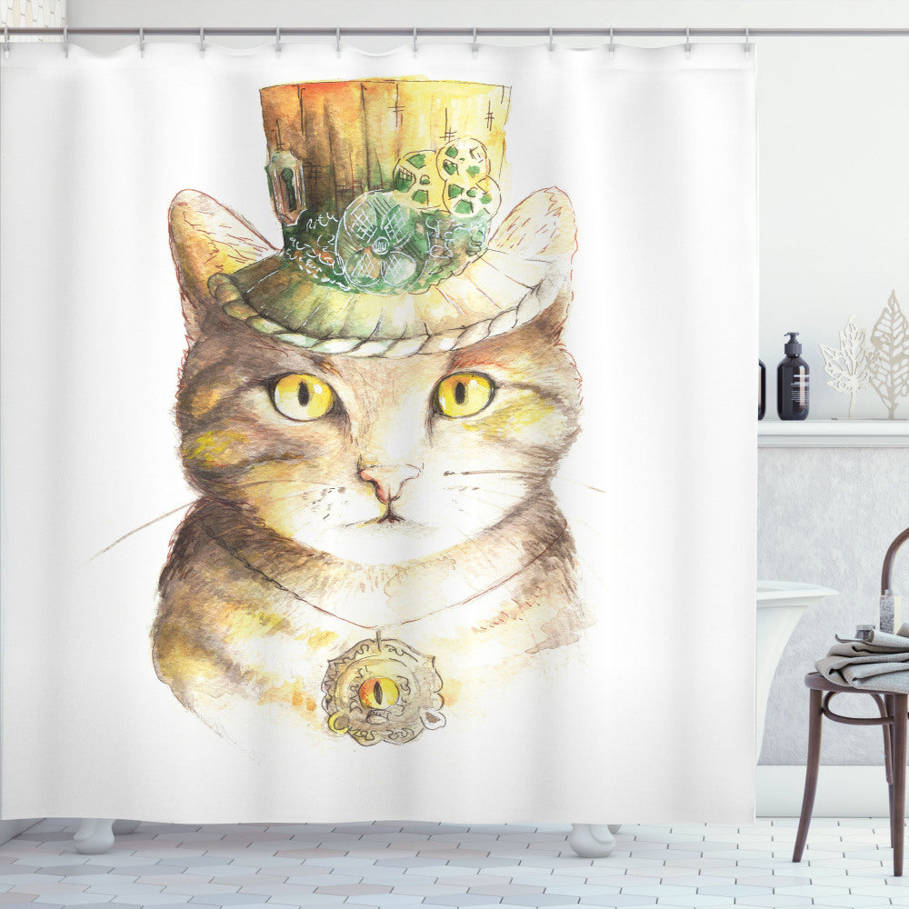 Watercolor Cat in Yellow and Grey Design Shower Curtain