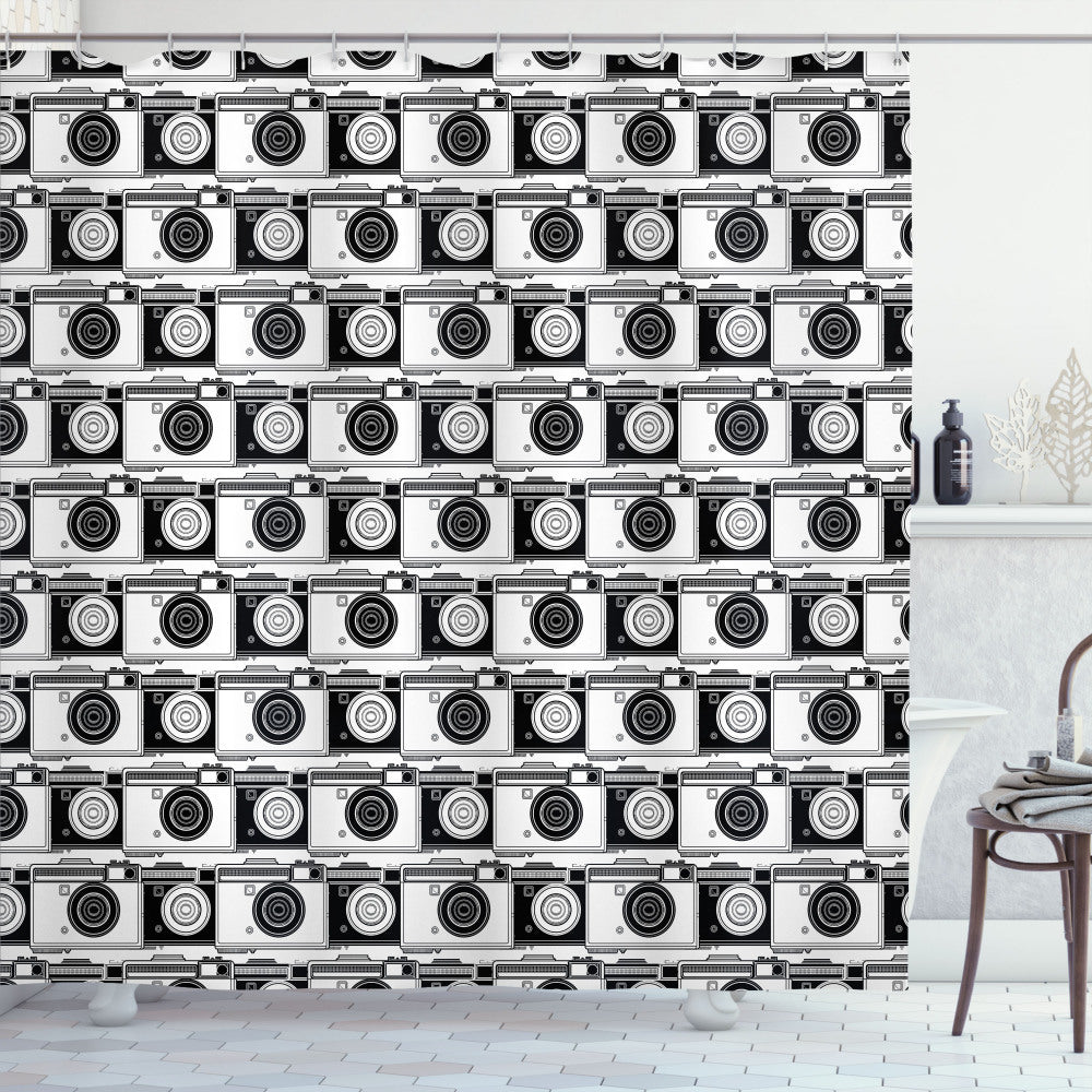 Camera-Inspired Recording Machine Pattern Bath Curtain in Black and White