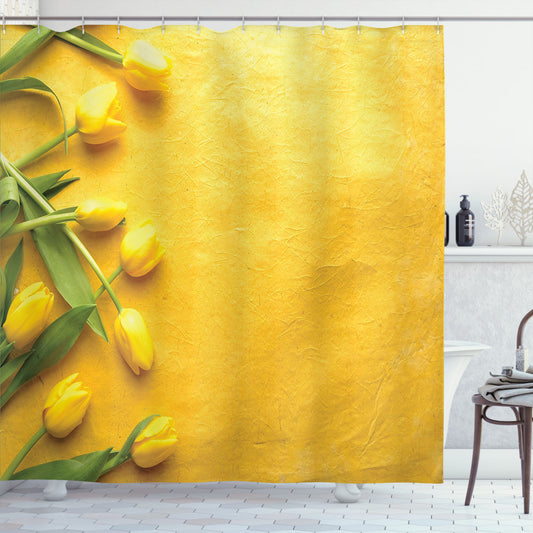 Yellow and Yellow Green Tulip Flowers Garden Bath Curtain